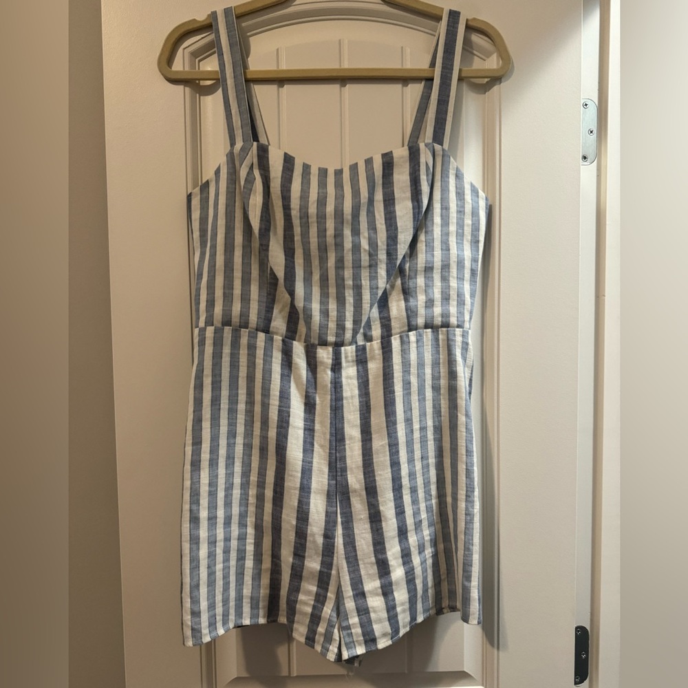 Lavender Brown Linen Romper Blue/Cream Medium